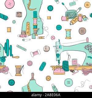 Color seamless pattern set template. Objects for sewing, handicraft.kit and equipment, needle, sewing machine Stock Vector