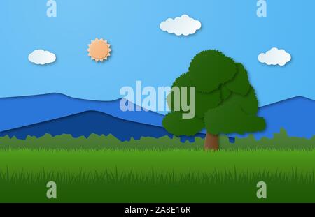 Nature landscape with mountain, forest and big tree on grass filed in paper cut style. Vector illustration digital craft paper art. Stock Vector