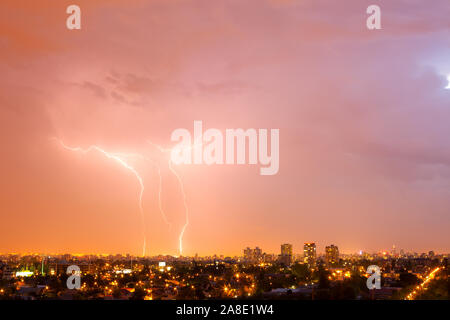 Electric storm over Santiago de Chile, a very unusual phenomenon in this city. Stock Photo