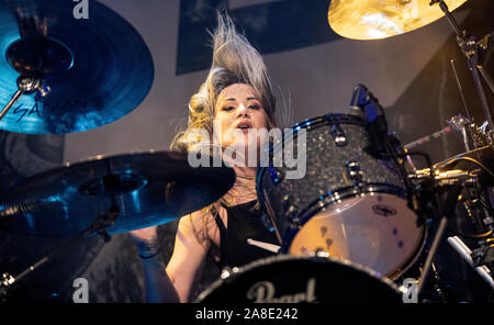 Copenhagen, Denmark. 07th, November 2019. The American Christian rock band Skillet performs a live concert at Amager Bio in Copenhagen. Here drummer Jen Ledger is seen live on stage. (Photo credit: Gonzales Photo - Nikolaj Bransholm). Stock Photo