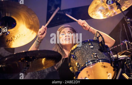 Copenhagen, Denmark. 07th, November 2019. The American Christian rock band Skillet performs a live concert at Amager Bio in Copenhagen. Here drummer Jen Ledger is seen live on stage. (Photo credit: Gonzales Photo - Nikolaj Bransholm). Stock Photo