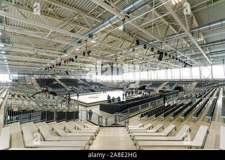 Bologna, Italy. 08 November, 2019. Press preview of the new Virtus  Segafredo Arena, the new temporary basket arena of Virtus Bologna built  inside of Hall 30 of the Bologna fair on November