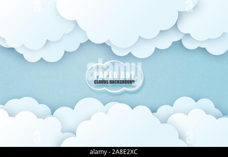 Cloud and sky background in paper cut style. Vector illustration digital craft paper art. Stock Vector