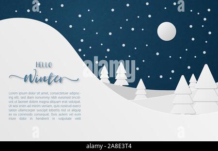 Winter nature forest and mountain landscape with Moon in the night and snow fall in paper cut style. Stock Vector