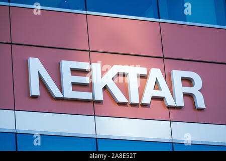 Nektar Therapeutics sign at company headquarters in Silicon Valley. Nektar Therapeutics is an American biopharmaceutical company Stock Photo