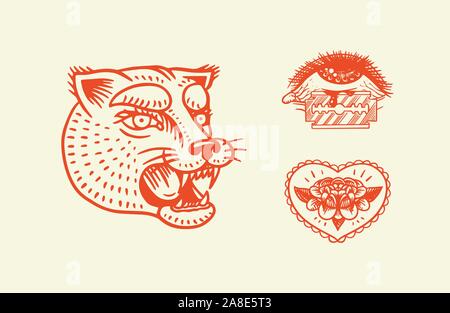 Old school Tattoo stickers. Panther, heart and eye. Engraved hand drawn vintage retro sketch for notebook or logo. Stock Vector