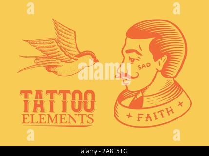 Old school Tattoo. Man and swallow on a yellow background. Engraved hand drawn vintage retro sketch for notebook or logo. Stock Vector