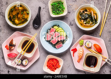 Table with traditional japanese food, top view. Stock Photo
