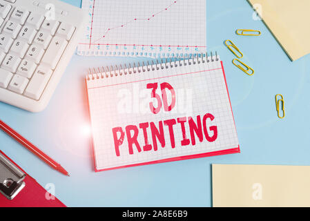 Handwriting text 3D Printing. Conceptual photo making a physical object from a threedimensional digital model Paper blue desk computer keyboard office Stock Photo