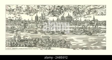 'Cologne on the Rhine in 1530'. View of the city of Cologne in northern Germany, with principal landmarks indicated including the unfinished Cathedral, and boats on the river. Latin inscription: 'O Felix Agrippina Nobilis Romanorum Colonia'. After the woodcut by Anton Woensam of Worms. Stock Photo