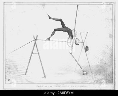 'Fall of the Vaux-Hall Performer', 1834. Lord Brougham, 1st Baron Brougham and Vaux portrayed as a circus tightrope-walker. The play on words in the title connects his name with entertainments at Vauxhall Gardens in south London. British politician Henry Brougham (1778-1868) served as Lord High Chancellor from 1830 to 1834. Satirical cartoon by 'H.B.' (John Doyle). [Thomas McLean, London, 1834] Stock Photo