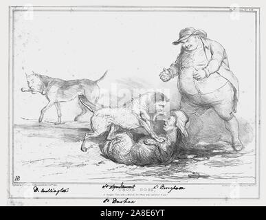 'Trios Dogs, A Graphic Tale, with a Moral, for those who can find it out!',1834. Prime minister Arthur Wellesley, 1st Duke of Wellington holding a bone labelled 'Power'; Governor-General of Canada John George Lambton, 1st Earl of Durham fighting with Lord Chancellor Henry Brougham, 1st Baron Brougham and Vaux; John Bull. Satirical cartoon on British politics by 'H.B.' (John Doyle). [Thomas McLean, London, 1834] Stock Photo