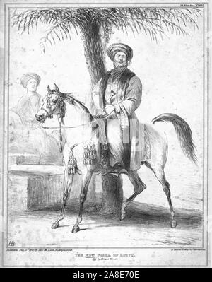 'The New Pasha of Egypt. Not by Horace Vernet', 1840. A parody on Vernet's lithograph; Lord Palmerston, dressed in oriental costume and riding on horseback, in the character of Pasha Mohamed Ali, Ottoman governor of Egypt, attended by John William Ponsonby, 4th Earl of Bessborough. Satirical cartoon on British politics by 'H.B.' (John Doyle). [Thomas McLean, London, 1840] Stock Photo
