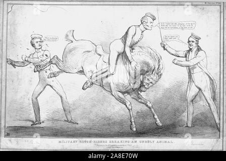 'Military Rough-Riders Breaking an Unruly Animal', 1833. Chief Secretary for Ireland Edward Stanley, Prime Minister Charles Grey and MP for Dublin Daniel O'Connell try to calm a horse with the face of Sir Robert Peel. Satirical cartoon on British-Irish politics by 'H.B.' (John Doyle). [Thomas McLean, London, 1833] Stock Photo