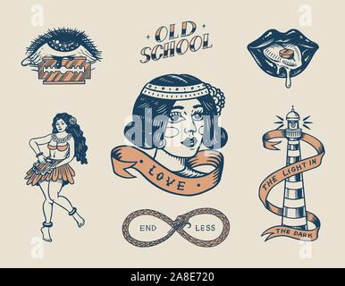 Set of vintage old school Tattoo. Characters Playing Cards, Hawaiian hula dancer woman, lips and lighthouse, panther, dice and snake. Engraved hand Stock Vector