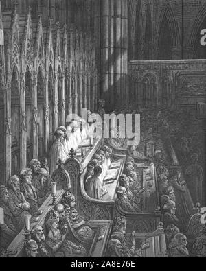 'Westminster Abbey-The Choir', 1872. The choir stalls in Westminster Abbey were designed by Edward Blore and date from 1847. From, &quot;LONDON. A Pilgrimage&quot; by Gustave Dore and Blanchard Jerrold. [Grant and Co., 72-78, Turnmill Street, E.C., 1872]. Stock Photo