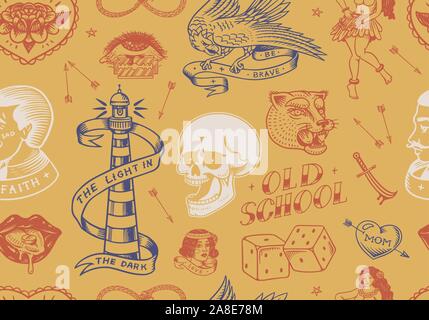 Old school Tattoo Seamless pattern. Hawaiian hula dancer woman, lighthouse, panther, skull and snake. Engraved hand drawn sketch for print. Stock Vector