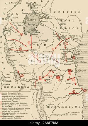 Colonial possessions in East Africa during the First World War, c1916, (c1920). Map showing German East Africa, British East Africa, the Belgian Congo, Rhodesia, Uganda, Nyasaland Protectorate and Mozambique (Portuguese East Africa). Also shown are the various positions of the combatant armies. From &quot;The Great World War: A History&quot;, Volume VI, edited by Frank A Mumby. [The Gresham Publishing Company Ltd, London, c1920] Stock Photo