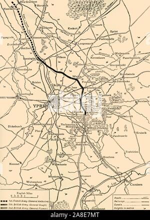 Map of Ypres, West Flanders, Belgium, First World War, (c1920). 'The Ypres Salient before the Battle of July 31, 1917: map showing the approximate positions of the Franco-British Line'. The Third Battle of Ypres, also known as the Battle of Passchendaele, took place on the Western Front from July to November 1917. It was fought between the British, Belgian and French armies against the Germans, and resulted in the deaths of hundreds of thousands of men. From &quot;The Great World War: A History&quot;, Volume VII, edited by Frank A Mumby. [The Gresham Publishing Company Ltd, London, c1920] Stock Photo