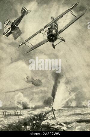 &quot;Trench Strafing&quot;, First World War, (c1920). 'British low-flying scouts co-operating in an infantry attack on the Western Front'. Biplanes shooting at Germans in the trenches. Drawn by Joseph Simpson. From &quot;The Great World War: A History&quot;, Volume IX, edited by Frank A Mumby. [The Gresham Publishing Company Ltd, London, c1920] Stock Photo