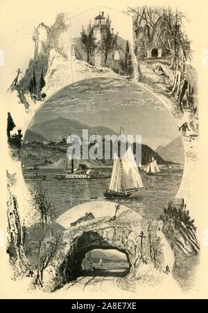 'West Point, and Scenes in Vicinity', 1874. Sailing boats and paddle steamers on the River Hudson, and views of locations around West Point, New York State, USA: Cozen's Landing, Ragged Point Cut, Geese Point Light, Kosciuszko's Garden, The Landing, and Roy Hook Tunnel. Kosciuszko's Garden was built by Tadeusz Kosciuszko in 1778. From &quot;Picturesque America; or, The Land We Live In, A Delineation by Pen and Pencil of the Mountains, Rivers, Lakes...with Illustrations on Steel and Wood by Eminent American Artists&quot; Vol. II, edited by William Cullen Bryant. [D. Appleton and Company, New Yo Stock Photo