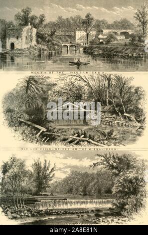 'Scenes on the Wissahickon', 1874. 'Mouth of the Wissahickon, Old Log Cabin - Bridge...Falls', Wissahickon Creek, Philadelphia, Pennsylvania, USA. 'Its water-power has been made available for manufacturing purposes; but, as it has lately been included within the limits of Fairmount Park, it is understood that the unromantic mill-buildings will be soon removed, and nothing allowed to remain which can in any way interfere with its wild and picturesque beauty..., these objectionable structures are not wholly unsightly; and the factories...are so shaded by foliage that, in conjunction with the arc Stock Photo