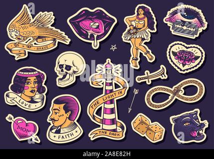 Old school Tattoo stickers set. Hawaiian hula dancer woman, lighthouse, panther, skull and snake. Engraved hand drawn vintage retro sketch for Stock Vector