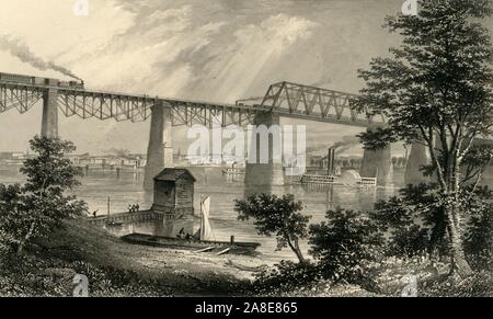 'City of Louisville', 1874. Steam locomotives on the Fourteenth Street Bridge and paddles steamers on the Ohio River at Louisville, Kentucky, USA. The Fourteenth Street Bridge was a truss drawbridge, also known as the Ohio Falls Bridge, built by the Louisville Bridge Company and completed in 1870. From &quot;Picturesque America; or, The Land We Live In, A Delineation by Pen and Pencil of the Mountains, Rivers, Lakes...with Illustrations on Steel and Wood by Eminent American Artists&quot; Vol. II, edited by William Cullen Bryant. [D. Appleton and Company, New York, 1874] Stock Photo