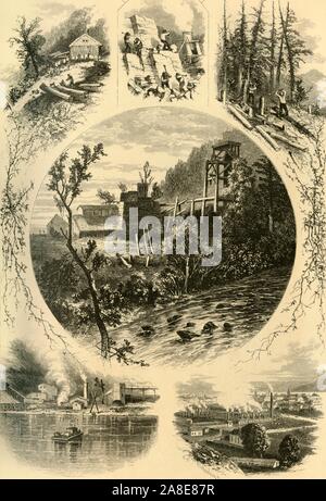 'Scenes on the North Branch of the Susquehanna', 1874. '...the furnace on Hunlocks Creek, Nanticoke ferry, Danville, the hemlock-gatherers, the stone-quarry, etc'. Tree-felling, logging, quarrying and mining along the North Branch of the Susquehanna River, Pennsylvania, USA. '...the prevailing industry is mining, all the mountains here containing iron-ore. There is some considerable difficulty in floating down logs to the main stream of the Susquehanna below Clearfield, and most of the timber cut is used for the purpose of smelting or for forges, where the charcoal hammered iron is made...we c Stock Photo