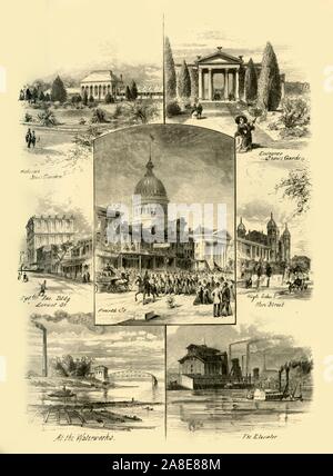 'Scenes in St. Louis', 1874. Hothouses and entrance to Shaw's Gardens, the Equitable Insurance Building on Locust Street, Old Court House on Fourth Street, the High School on Olive Street, the Waterworks, and the Grain Elevator on the River Mississippi, St Louis, Missouri, USA. From &quot;Picturesque America; or, The Land We Live In, A Delineation by Pen and Pencil of the Mountains, Rivers, Lakes...with Illustrations on Steel and Wood by Eminent American Artists&quot; Vol. II, edited by William Cullen Bryant. [D. Appleton and Company, New York, 1874] Stock Photo