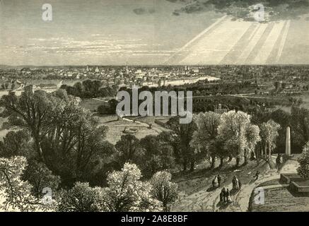 'Rochester, from Mount Hope Cemetery', 1874. View of the city of Rochester, New York State, USA. Rochester lies on the Genesee River and on the southern shore of Lake Ontario. '...the early pioneers of this western region were men of energy and foresight, who saw in the valley of the Genesee the &quot;garden-plot of the West&quot;, and in the then village of Rochester the future &quot;Granary of America&quot;'. From &quot;Picturesque America; or, The Land We Live In, A Delineation by Pen and Pencil of the Mountains, Rivers, Lakes...with Illustrations on Steel and Wood by Eminent American Artis Stock Photo