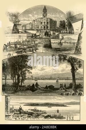 'Montreal', 1874. Views in the city of Montreal, Quebec, Canada: Custom House, paddle steamers on the Saint Lawrence River, Montreal from Helen's Island, and Helen's Island from Montreal. From &quot;Picturesque America; or, The Land We Live In, A Delineation by Pen and Pencil of the Mountains, Rivers, Lakes...with Illustrations on Steel and Wood by Eminent American Artists&quot; Vol. II, edited by William Cullen Bryant. [D. Appleton and Company, New York, 1874] Stock Photo