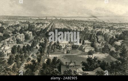 'City of Buffalo', 1872. View of Buffalo, New York State, USA, showing tree-lined avenues, open spaces, and Lake Erie in the distance. Joseph Ellicott was responsible for the urban planning and layout, and Frederick Law Olmsted designed its extensive system of parks. From &quot;Picturesque America; or, The Land We Live In, A Delineation by Pen and Pencil of the Mountains, Rivers, Lakes...with Illustrations on Steel and Wood by Eminent American Artists&quot; Vol. I, edited by William Cullen Bryant. [D. Appleton and Company, New York, 1872] Stock Photo