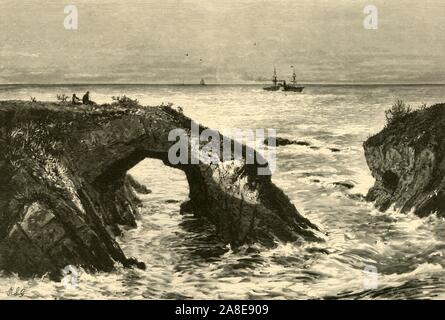 'Coast of Mendocino', 1872. Rock arch on the shore of the Pacific Ocean, California, USA. 'Nothing can be more tumultuous or less pacific than the waters of the Pacific Ocean along the Mendocino coast...the waves are twelve feet high and a mile in length, and advance with a solemnity of motion which words cannot describe...the boiling fury with which they crash upon the beach and churn the sands is, at first sight, appalling. Around such isolated rocks as those presented by the artist they rage and raven...they have worn the cliffs into strange and wondrous forms, beating out caverns where the Stock Photo