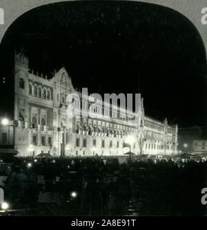 'Illumination of National Palace on Evening of Independence Day Celebration, Mexico City', c1930s. Mexican Independence Day on 16th September at the National Palace in Plaza de la Constitucion, Mexico City. From &quot;Tour of the World&quot;. [Keystone View Company, Meadville, Pa., New York, Chicago, London] Stock Photo