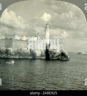 'Morro Castle and Havana Harbor from the Sea, Cuba', c1930s. Fortress guarding the entrance to Havana, Cuba designed by  Battista Antonelli. The Faro Castillo del Morro lighthouse was added in 1846. From &quot;Tour of the World&quot;. [Keystone View Company, Meadville, Pa., New York, Chicago, London] Stock Photo