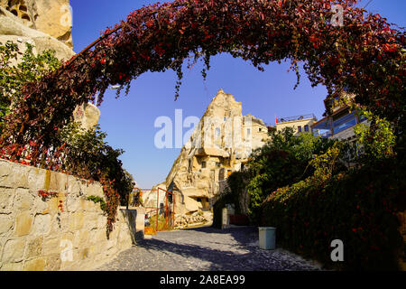 Typical street in Goreme, The Cave Town, Cappadocia, Anatolia, Turkey. Stock Photo
