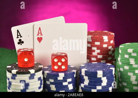 Casino photo concept, cards, chips and red dices Stock Photo
