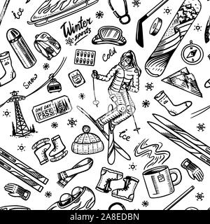 Winter sport seamless pattern background. Vintage Snowboarding and skiing, jumping athlete, mountain cableway, funicular and warm clothes for outdoor Stock Vector