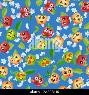 Seamless pattern Bell pepper. Funny cute faces character Stock Vector