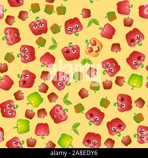 Seamless pattern Bell pepper. Funny cute faces character Stock Vector