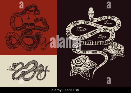 Royal python with a skull, a milk snake with roses, a reptile with a sword. Poisonous Viper template for poster or tattoo. Engraved hand drawn old Stock Vector