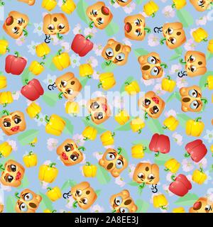 Seamless pattern Bell pepper. Funny cute faces character Stock Vector