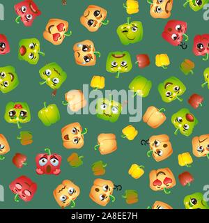 Seamless pattern Bell pepper. Funny cute faces character Stock Vector