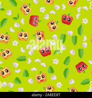 Seamless pattern Bell pepper. Funny cute faces character Stock Vector