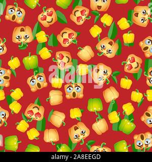 Seamless pattern Bell pepper. Funny cute faces character Stock Vector