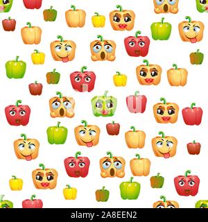 Seamless pattern Bell pepper. Funny cute faces character Stock Vector