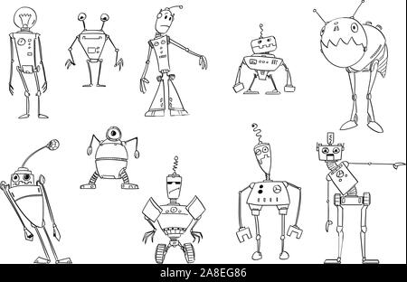 Vector black and white drawing illustration of set of cute funny retro robots design. Coloring book for children. Stock Vector