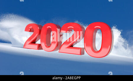 New Year red 2020 on a winter snow background, 3D illustration Stock Photo