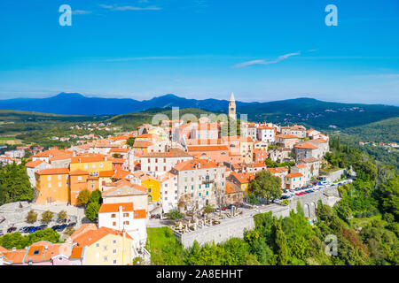 Town of Labin in Istria, Croatia, old traditional houses and castle, view from drone Stock Photo